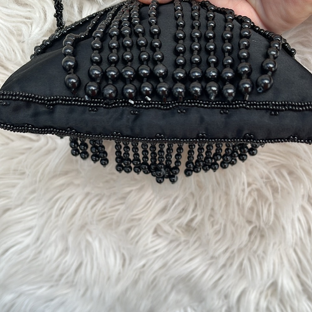 LA REGALE  Vintage Satin Pouch w/ Droplet Beaded Evening Crossbody Purse, Black - Picture 13 of 15